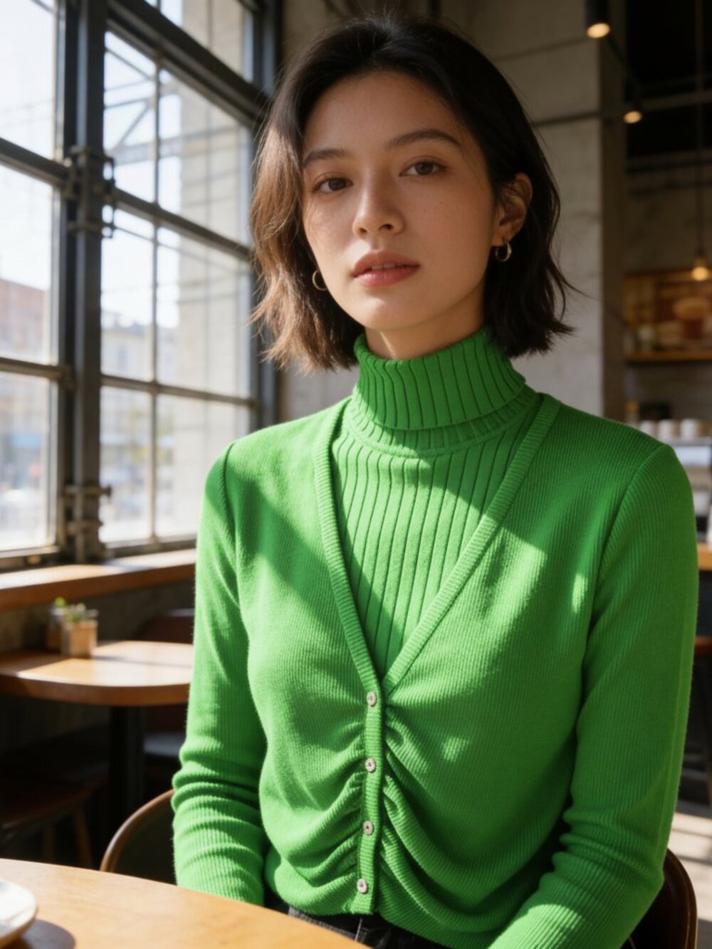 Zara Green Ribbed Twin Set Cardigan & Sleeveless Turtleneck Size S